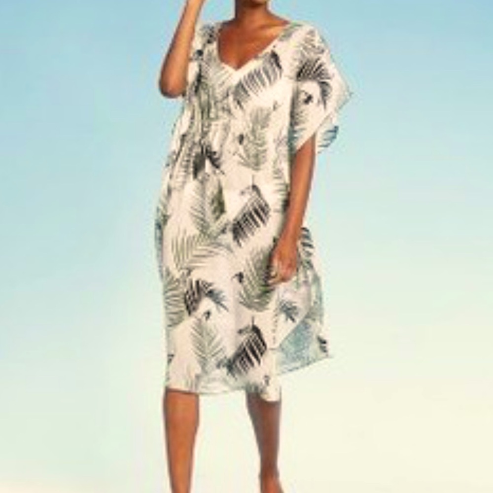 Target Palms Swim Coverup Neutral Tropical Drawstring Caftan Leaves Kona Sol
